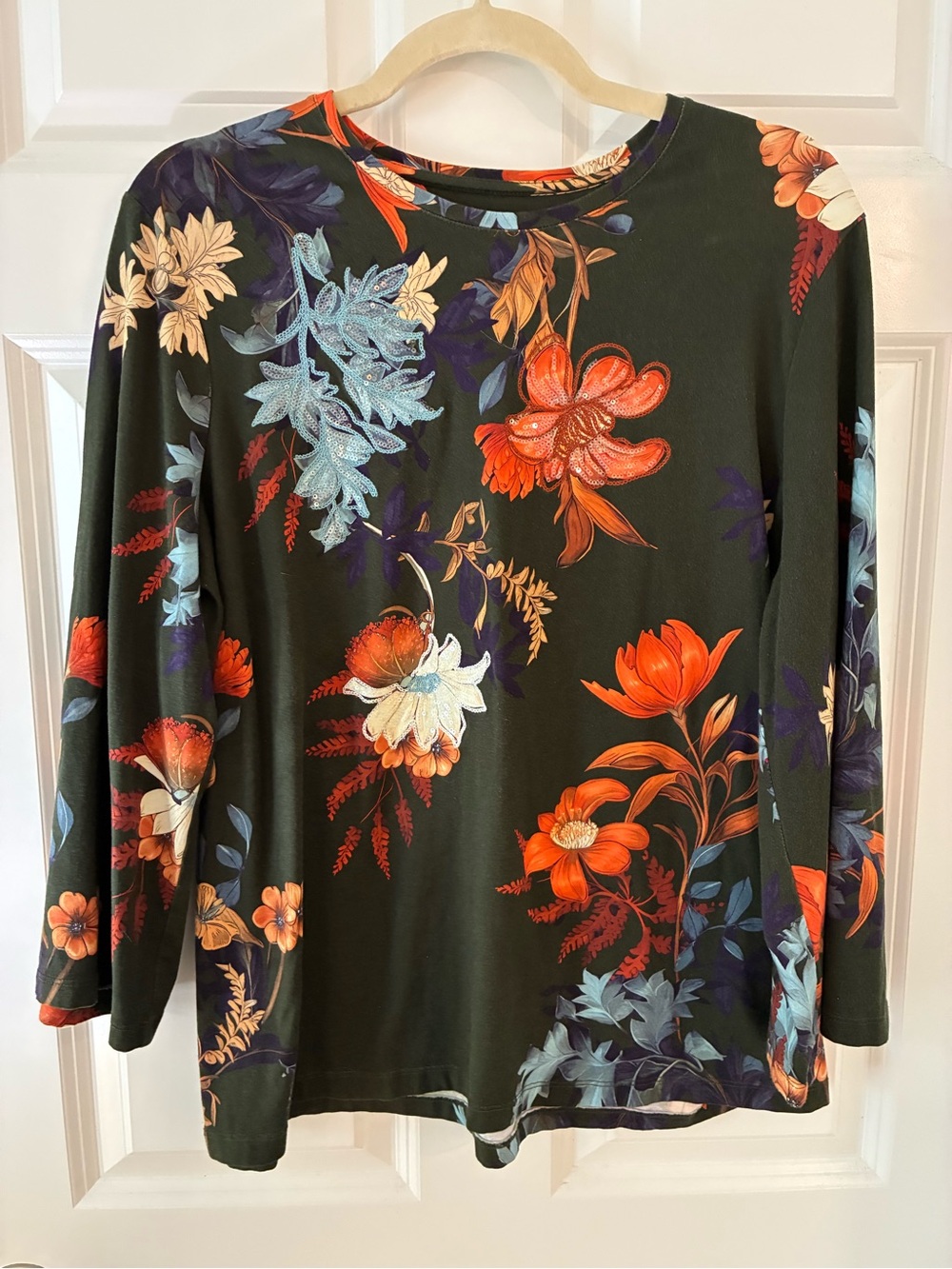 Chicos Women’s Floral Long-Sleeve Top - Black with Orange & Blue Flowers